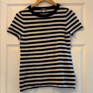 J. Crew 100% Casmere Navy and White Striped Crew Neck Sweater M